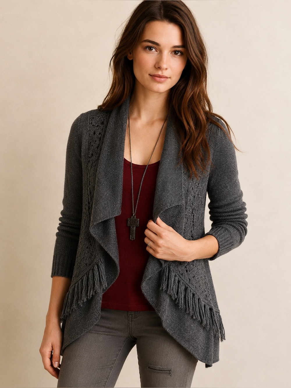 Anthropologie Knitted & Knotted Fringed Circle Cardigan Gray Small